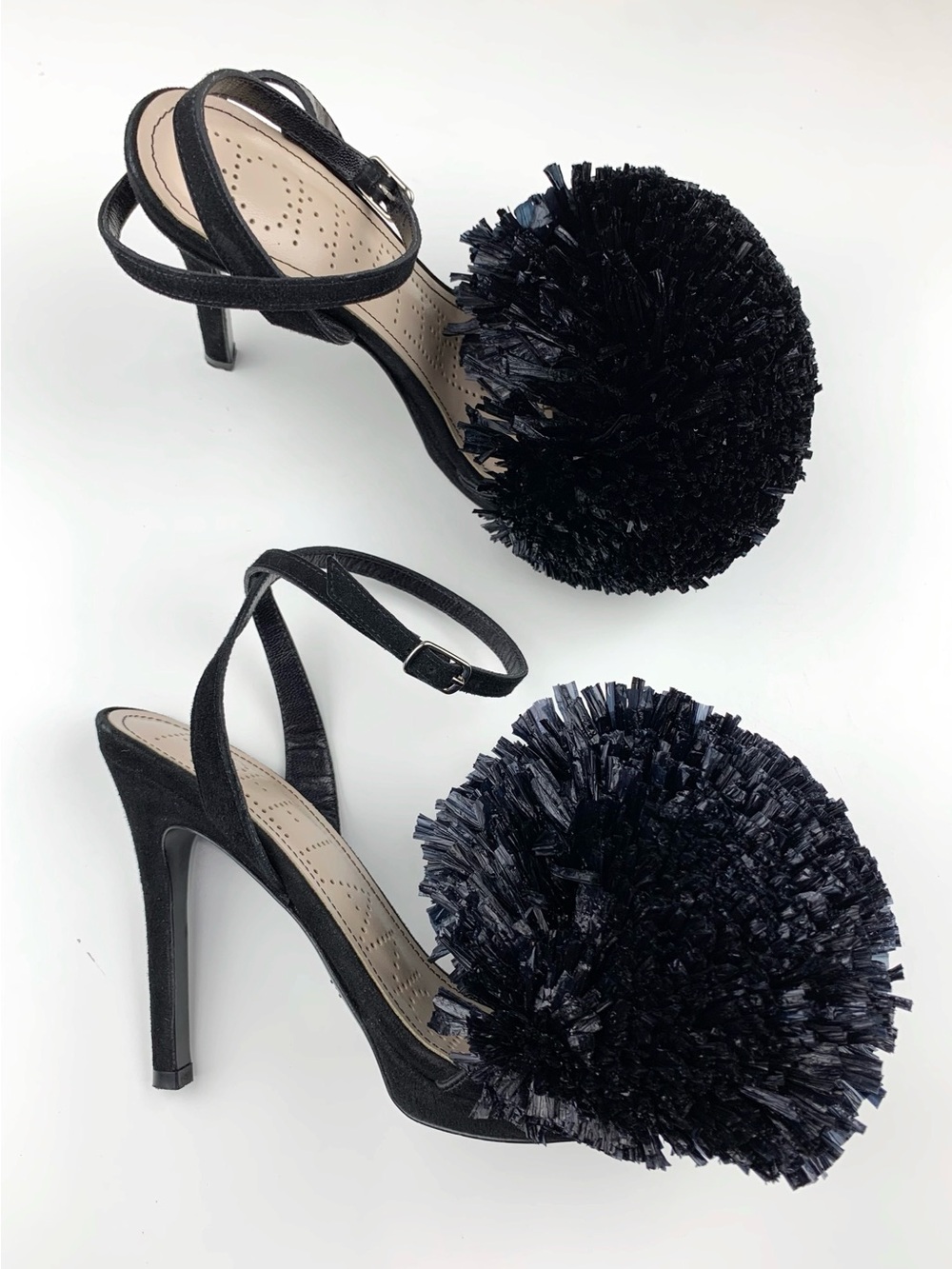 Freelance Heels Sandals Black Suede Raffia Pom Pom Ankle Strap Women's 36